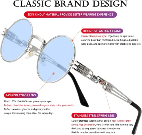 Vista 5 de AIEYEZO Gafas de sol redondas Steampunk Circle Lennon Hippie, montura de metal, lente con bloqueo UV 100%