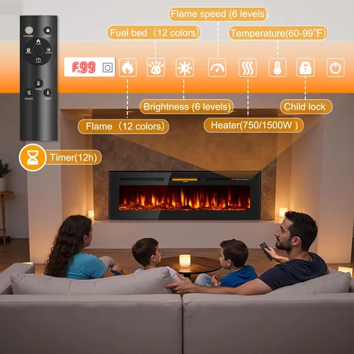 Vista 4 de Tehanld - Calentador eléctrico ultrafino de 50 pulgadas, empotrado en la pared 60-99°F Thermostat, 0/750/1500W Fast Heating, Child Lock, 12H