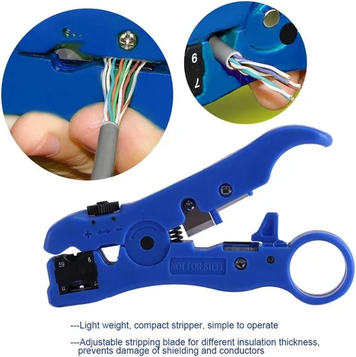 Vista 5 de Pelacables, cortador de cable coaxial portátil coaxial, herramienta de pelado para RG59 RG6 RG7 RG11 Cable UTP STP redondo y plano, azul
