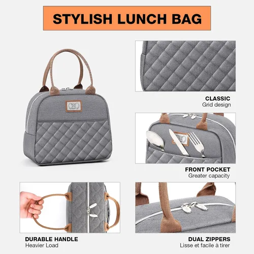 Vista 2 de Lekesky Lonchera para mujer, lonchera aislada, bonita bolsa de almuerzo a prueba de fugas para el trabajo de adultos, color gris