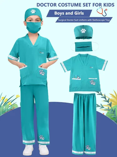 Vista 4 de Juego de 6 piezas de disfraz de médico animal para niños, ropa de veterinario para niños para el día de la carrera, Halloween, juego de rol, cosplay