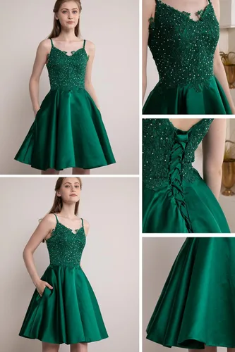 Vista 4 de Tianzhihe Vestidos cortos de encaje con cuentas para regreso a casa, tirantes delgados, vestidos de noche de satén con bolsillos