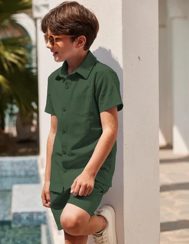 Vista 4 de COOFANDY Conjunto de camisa y pantalones cortos de algodón de manga corta con botones para niño de 2 piezas