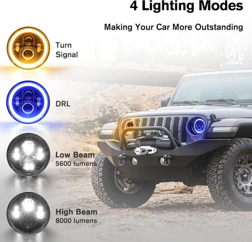 Vista 4 de CO LIGHT - Faros delanteros LED redondos de 7 pulgadas con halo, con haz alto/bajo, halo ámbar/azul, faro LED para todo terreno, ojos angulares