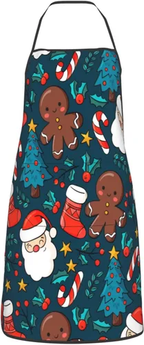 Vista 2 de Delantal de chef con patrón de decoración de árbol de Navidad con bolsillo, ajustable, salpicaduras, resistente a la grasa para cocina, cocina