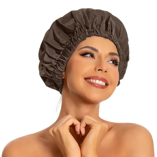Vista 11 de Gorro de ducha reutilizable para mujer, grande, impermeable, lavable, banda elástica, accesorios de baño, sombrero para cabello largo, trenzas Beige