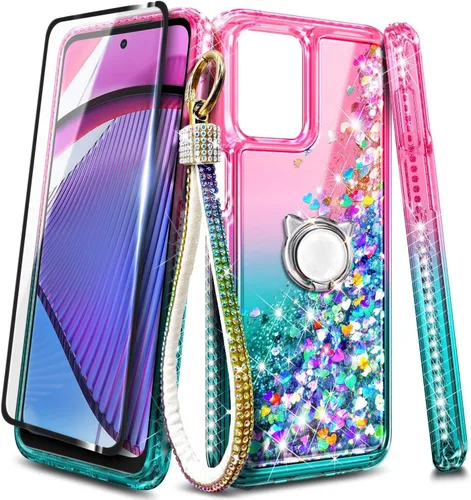 Vista 7 de NZND Diseñada para Motorola Moto G Power 5G 2023, bonita funda con purpurina líquida flotante con protector de pantalla de vidrio templado, soporte