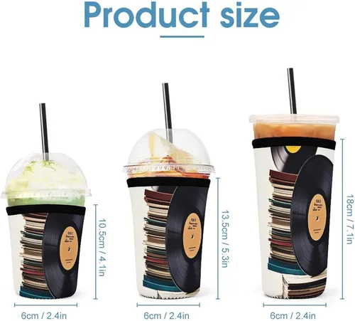 Vista 2 de Vinyl Records And Tapes Reusable Insulated Neoprene Iced Coffee Cup Sleeves 3 Sizes Diving Material Cup Durable Beverage Covers for Cold Coffee Tea