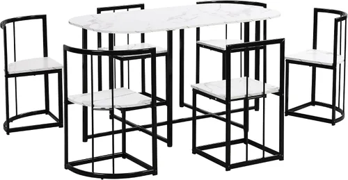 Vista 8 de CITYLIGHT Juego de mesa de comedor de 7 piezas con marco de metal y escritorio de mármol sintético, juego de mesa de cocina con silla triangular
