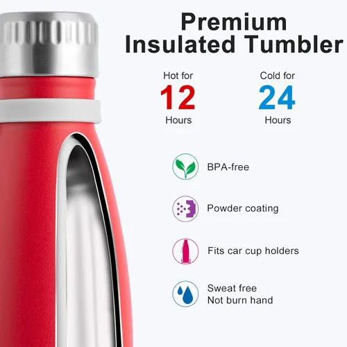 Vista 3 de koodee Botella de agua de acero inoxidable de 17 onzas, doble pared aislada al vacío, botella de agua deportiva para niñas, con forma de cola a Rojo