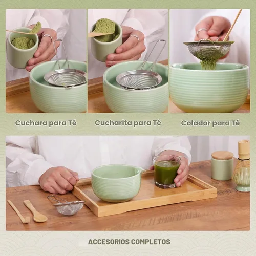 Vista 5 de Batidor y cuenco de matcha con soporte de batidor de cerámica, tamiz de matcha, cuchara y cuchara de matcha hecho a mano de bambú natural, kit