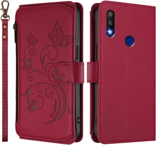 Vista 9 de Funda tipo cartera para Huawei Y9 Prime 2019, mariposa de piel sintética con cierre magnético, con soporte para 5 tarjetas, funda protectora a Negro