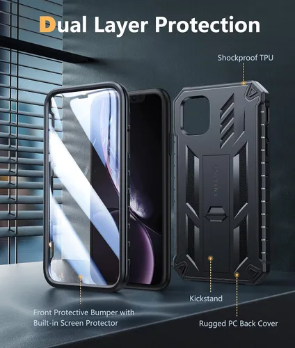 Vista 6 de FNTCASE Funda para iPhone XR: [Protector de pantalla y soporte integrados] [Protección contra caídas de grado militar] Funda de teléfono resistente