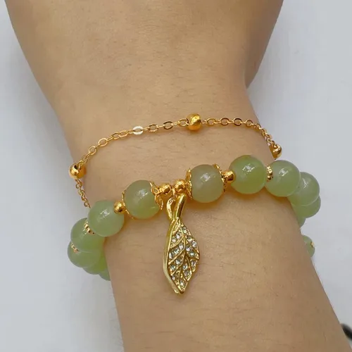 Vista 3 de CJIAYUJEW Hotan - Pulsera de hoja de jade natural de 2 capas de nefrita verde para mujer, diseño de cuentas redondas con dije de hoja de circón