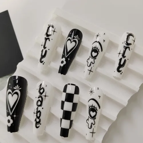 Vista 5 de 24 uñas postizas largas a presión de ataúd blanco y negro, uñas postizas reutilizables con diseño de patrón de ojos de cuadrícula de corazón, uñas