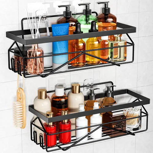 Vista 2 de Organizador de estante adhesivo de acero inoxidable para ducha, almacenamiento de baño apto para inquilinos (negro mate, 2 piezas)