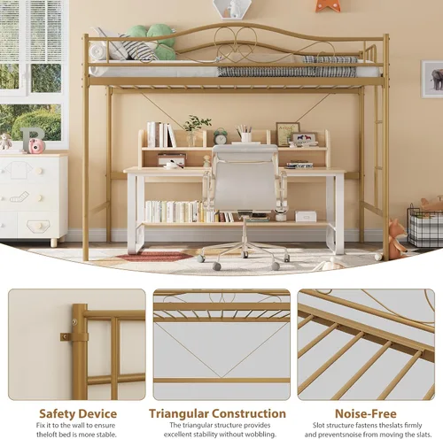 Vista 7 de Cama tipo loft individual con escalera ajustable y barandilla de seguridad completa, cama tipo loft, marco de metal resistente de 400 libras