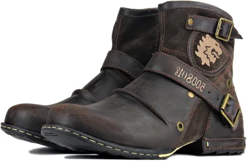 Vista 5 de OSSTONE Botas Moto para Hombre de Moda con Cremallera Botas de Cuero Chukka Casuales Estilo Retro OS-5008-1-DA1B1
