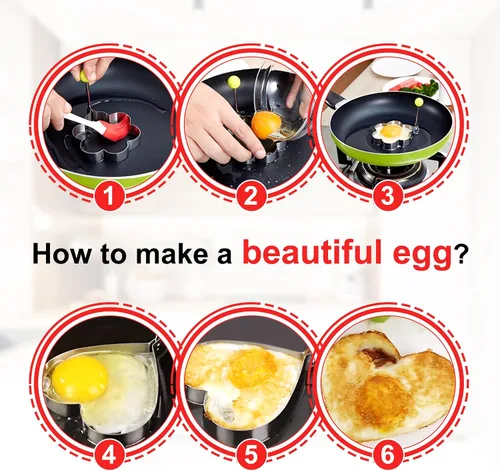 Vista 5 de Juego de 6 moldes para huevos fritos antiadherentes de acero inoxidable y máquinas para hacer panqueques con asas plegables para cocinar