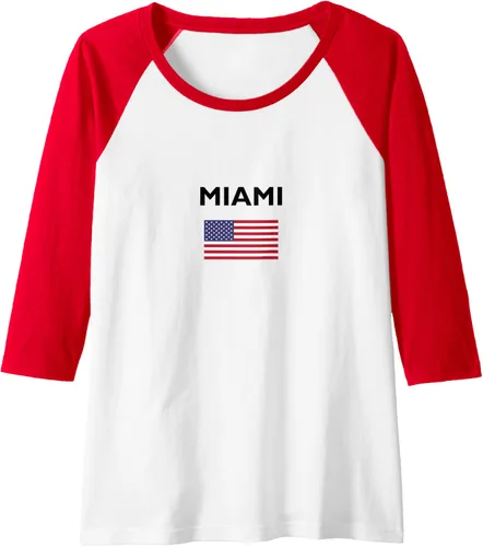 Vista 9 de Miami Florida USA American Flag Light-Color Raglan Baseball Tee