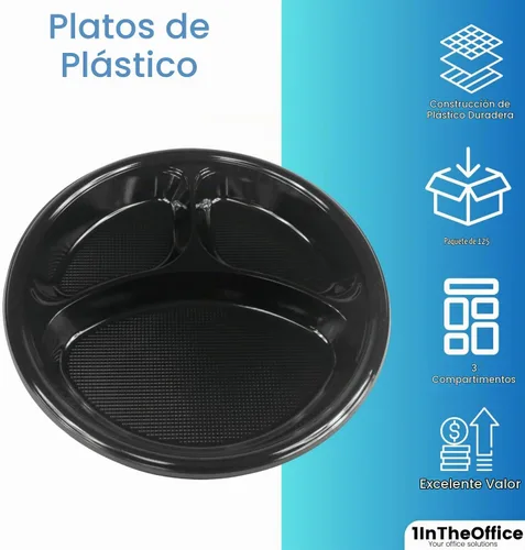 Vista 2 de Platos seccionales de plástico de 10 pulgadas con 3 compartimentos, platos desechables con compartimento, placas seccionales redondas negras de 10
