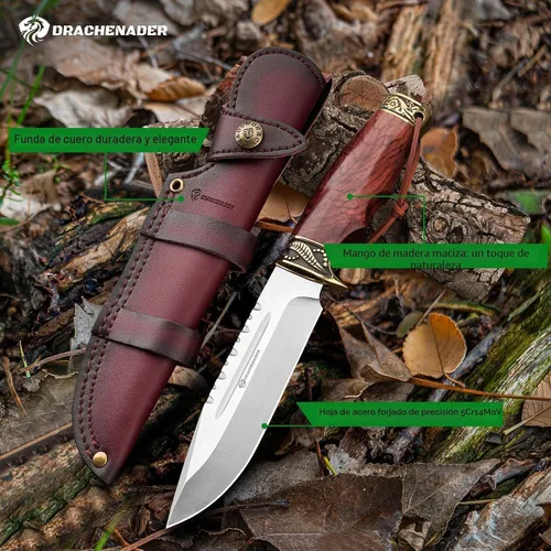 Vista 3 de DRACHENADER Cuchillo de caza de hoja fija con funda de cuero horizontal YU-LN, cuchillo de bushcraft de 10.63 pulgadas para hombres con mango