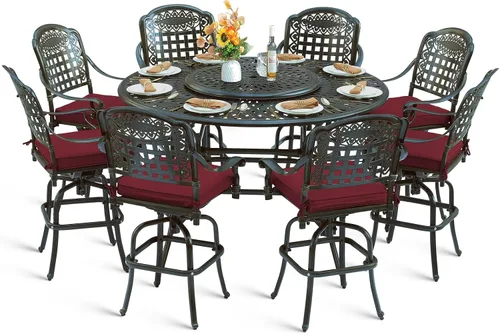 Vista 25 de Juego de barra para exteriores de 10 piezas, muebles de bar de aluminio fundido para todo tipo de clima con 8 taburetes de bar giratorios Bronce