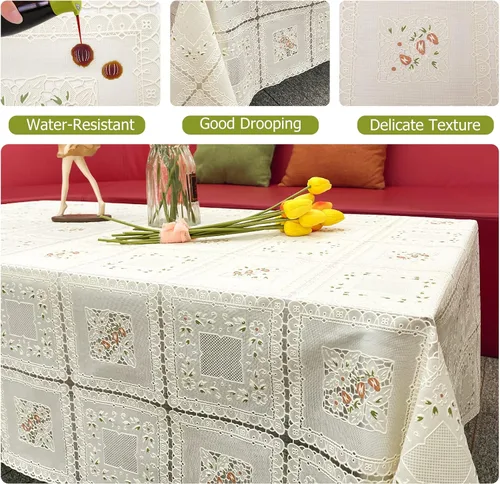 Vista 2 de Mantel de vinilo impermeable a prueba de aceite, mantel de encaje de plástico para mesa rectangular, decoración del hogar texturizada para fiestas