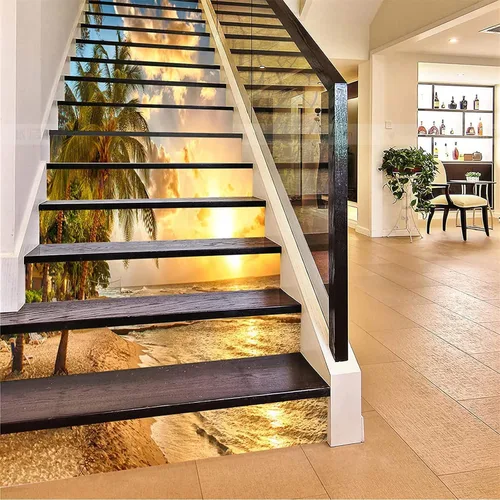 Vista 9 de artfanke 13 piezas de adhesivos 3D de amanecer en la playa - Adhesivos para escalones de pelar y pegar para decoración de hogar y oficina - 39,37" x