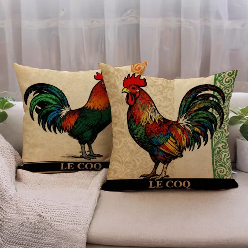 Vista 4 de Funda de almohada de gallo de granja de 18 x 18 pulgadas, fundas de almohada vintage de gallo francés con borde de damasco, fundas de almohada