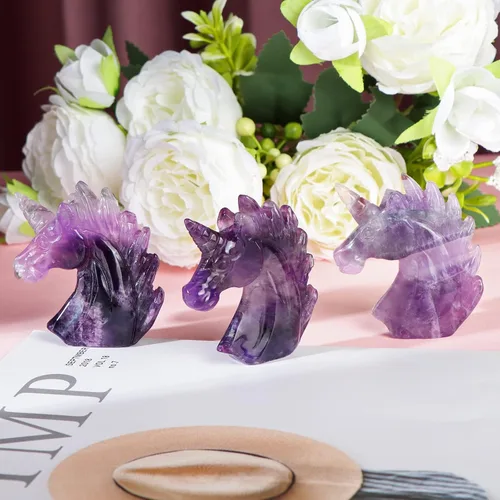 Vista 5 de Artistone Estatua de unicornio de cristal de amatista de 3 pulgadas, piedra preciosa tallada a mano, piedra de caballo de unicornio morado, figuras