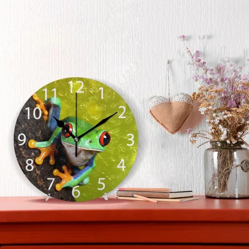 Vista 2 de Reloj de pared redondo con diseño de rana de árbol de ojos rojos, pintura al óleo silenciosa sin tictac, decorativo para el hogar, oficina, escuela