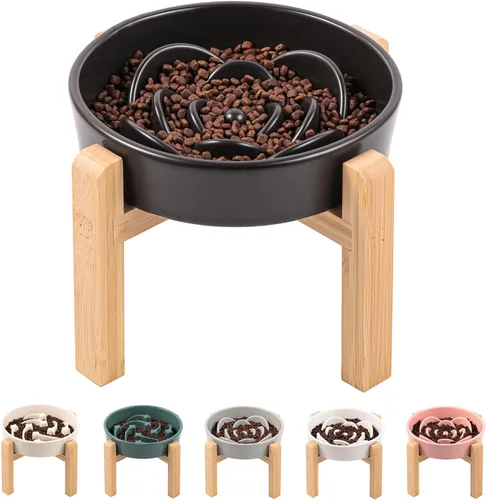 Vista 8 de Cuenco de cerámica gris para perros de razas pequeñas y medianas, cuenco elevado/elevado de 6.1 pulgadas de alimentación lenta, cuenco de comida