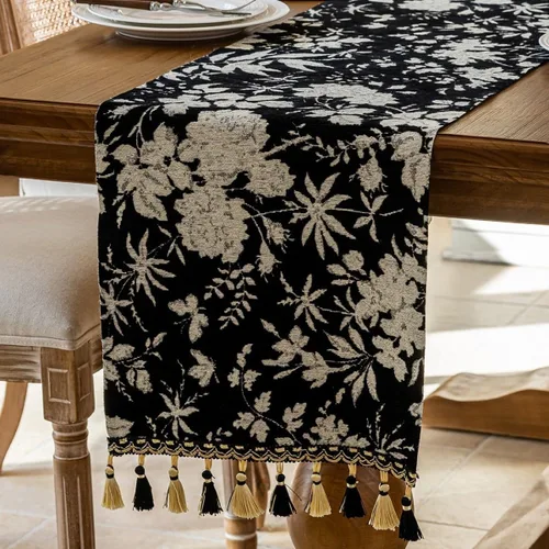 Vista 2 de Camino de mesa botánico floral para sala de estar, camino de mesa de comedor de flores jacquard con borlas, moderno, decorativo, elegante, natural