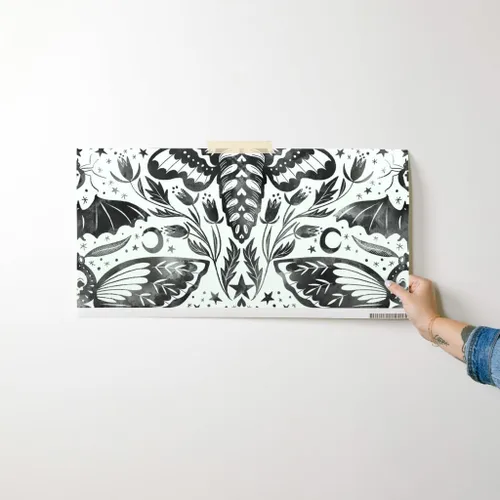 Vista 7 de Muestro de papel tapiz extraíble – Acuarela Cráneo Polilla Damasco Negro Blanco Flor Estrellas Elegante Tinta Magia Papel pintado personalizado