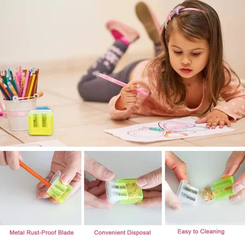 Vista 5 de ForTomorrow Sacapuntas manuales para niños, paquete de 8 sacapuntas pequeños de mano de doble agujero con tapa para escuela, aula, oficina en casa
