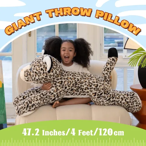 Vista 5 de MorisMos Animal de Peluche Gigante Guepardo Almohada de Felpa 4 pies, 47" Juguete de Felpa de Guepardo Extra Grande para Niños y Adultos, Leopardo