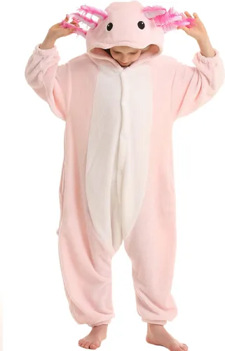 Vista 3 de DELEY Disfraz unisex de una pieza de ajolote teñido anudado para adultos, pijama de Halloween para mujeres y hombres