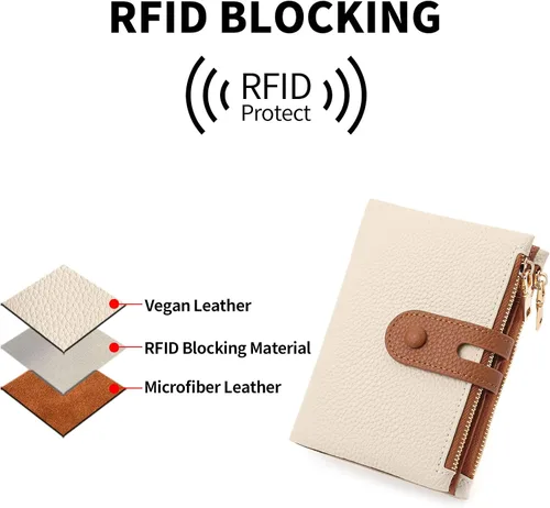 Vista 7 de FALAN MULE Cartera pequeña de cuero para mujer, con bloqueo RFID, tarjetero plegable con bolsillos dobles con cremallera, Blanco y marrón, Compacto