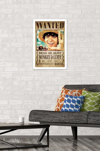 Vista 2 de Trends International Netflix One Piece - Póster de pared de Luffy Wanted, 22.4 pulgadas de largo x 14.7 pulgadas, versión enmarcada en blanco
