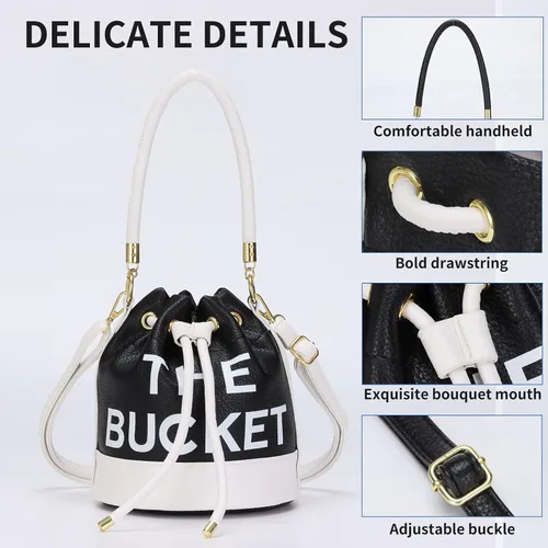 Vista 5 de JQAliMOVV The Bucket Bags para mujer, mini bolso de cuero con cierre de cordón cruzado