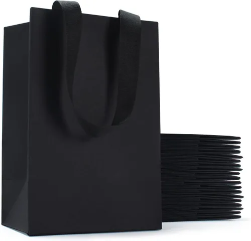 Vista 9 de Bolsas de regalo negras con asas, 10 bolsas de papel kraft de 5.25 x 3.75 x 8 pulgadas para bodas, fiestas, negocios, venta al por menor Negro
