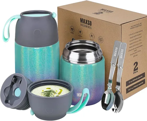 Vista 7 de MAXSO Paquete de 2 termos de sopa para alimentos fríos y calientes para niños y adultos, frascos de alimentos aislados al vacío, recipientes
