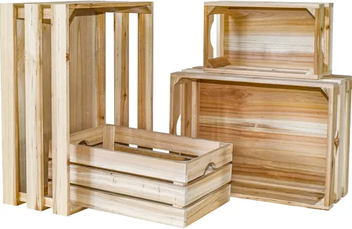 Vista 10 de Juego de 4 cajas de madera grandes decorativas con asas, cajas rústicas de madera de granja marrón para exhibición, organizador de cestas