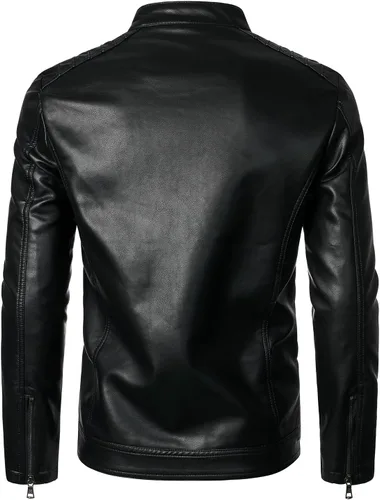 Vista 3 de HOOD CREW Chaquetas de cuero para hombre, chaqueta de motocicleta negra, cuello alto, chaqueta de piel sintética
