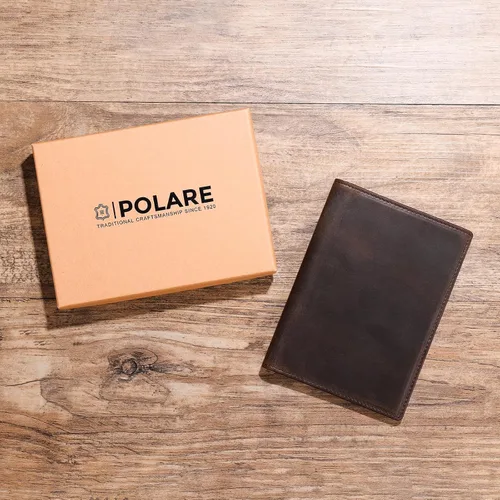 Vista 7 de Polare - Cartera de viaje de cuero de grano completo, plegable, funcional, delgada, con bloqueo RFID, soporte para pasaporte para hombres, Marrón