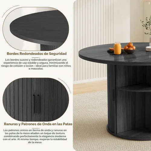 Vista 3 de Miereirl Juego de mesa y sillas de comedor moderno redondo, con una mesa de comedor de madera equipada con compartimentos de almacenamiento
