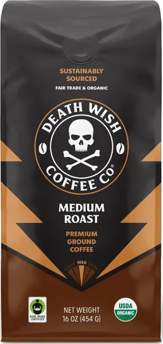 Vista 22 de Death Wish Coffee - Café molido orgánico de tostado medio, paquete de 6 Fair Trade Arabica & Robusta, Stone Fruit Caramel & Roasted Nut Notes