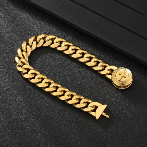 Vista 5 de KRKC&CO - Pulsera de eslabones cubanos de 12/0.551 in para hombre, chapada en oro de 18 quilates, cruz, brújula, calaveras redondas, cierre tallado