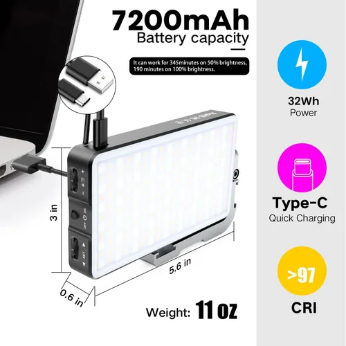 Vista 2 de Luz de cámara RGB de bolsillo G2, batería recargable integrada de 7200 mAh 360°, gama a todo color, 9 efectos de luz, panel de luz de video LED